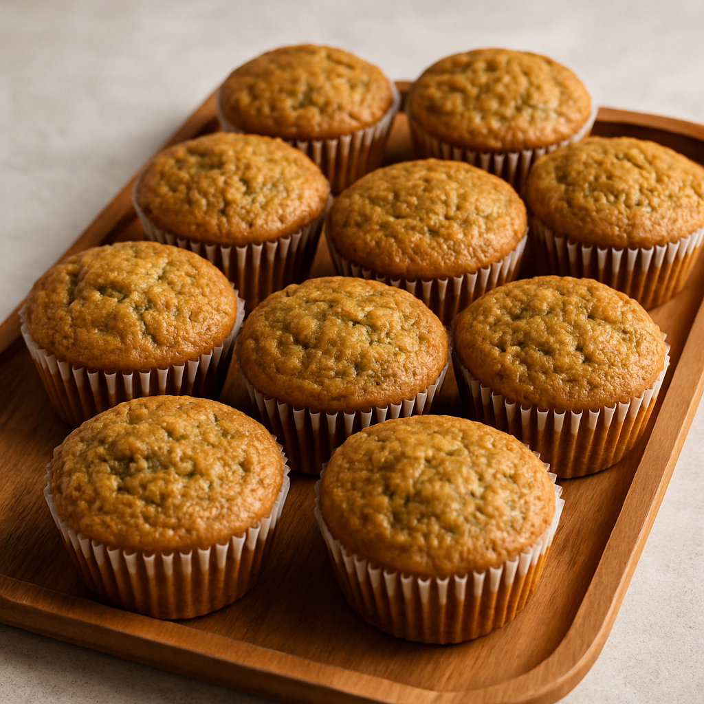 Freshly baked eggless zucchini muffins on a wooden tray, golden brown and fluffy, perfect for a healthy treat