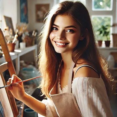 Picture of Emma holding a paint brush in her studio.