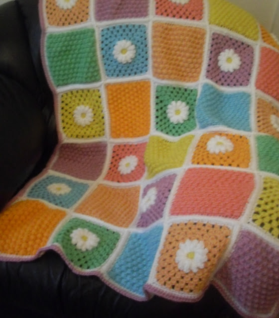 Daisy Cluster Lap Blanket Crochet Pattern using Caron Simply Soft White #9701 Limelight #9607 Mango #9605 Lemonade #9776 Robin Eggs #9780