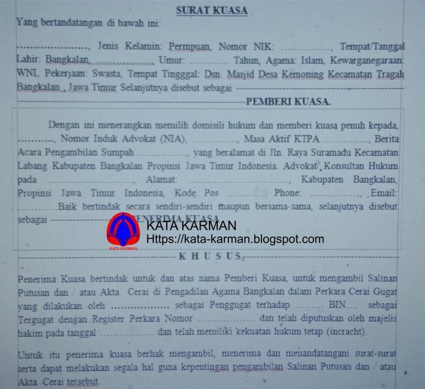 Tatacara Dan Contoh Surat Kuasa Pengambilan Akta Cerai Di Pengadilan Agama Kata Karman