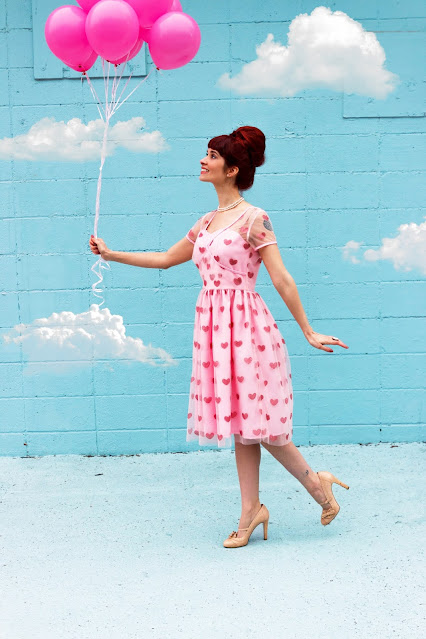 Light Pink & Sparkling Hearts Dorothy Swing Dress Unique Vintage