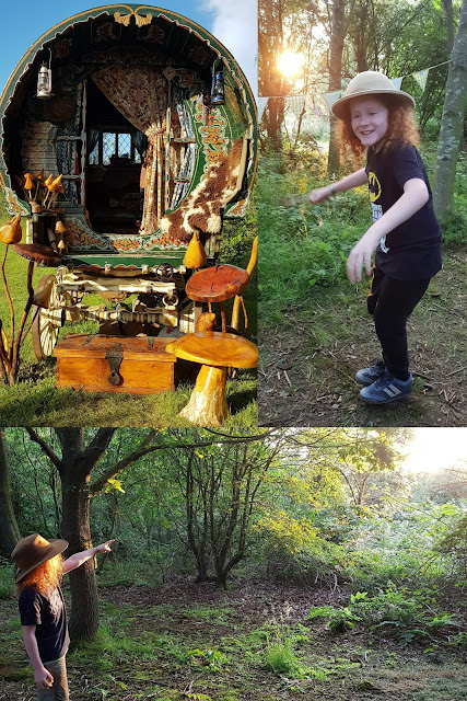 My two boys in the golden sunshine of sunset collage with a gypsy caravan in dappled light