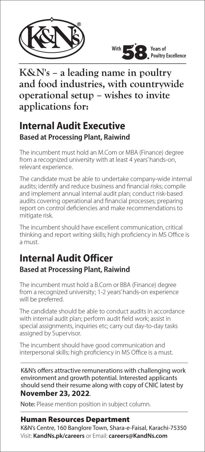 K&N’s Pakistan Jobs in Audit Department