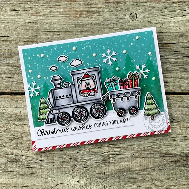 Sunny Studio Stamps: Holiday Express Slimline Dies Forest Tree Stencils Train Themed Christmas Card by Audrey Tokach