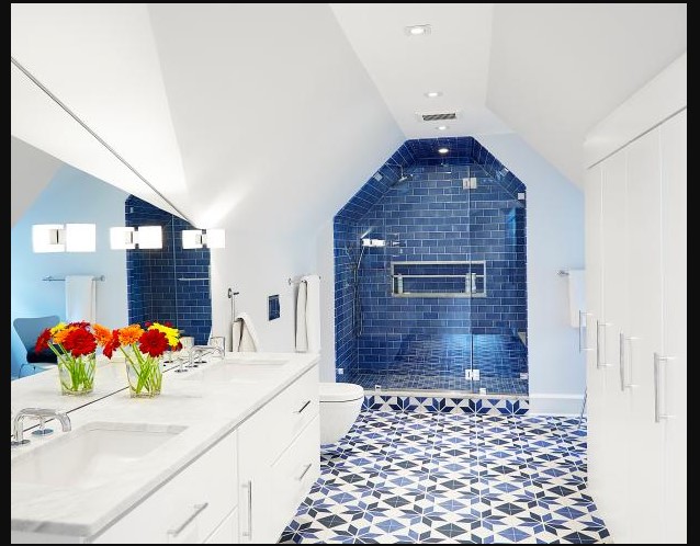 Bathroom Blue Wall Tile Designs Ideas with modern blue color tile wall and floor as well shower corner beside window and glass shelves above bathtub