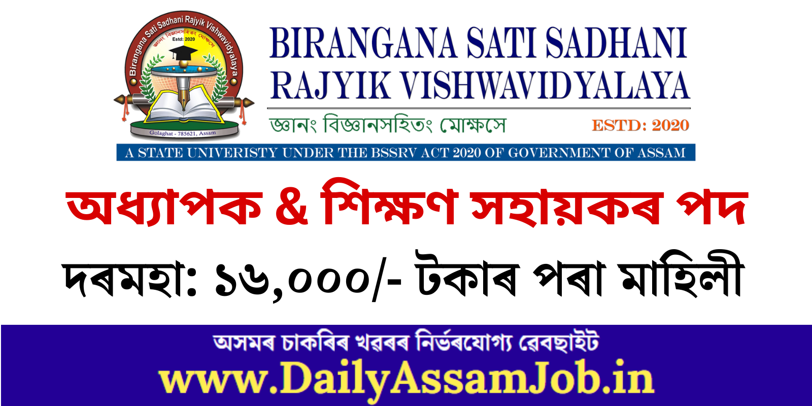 Birangana Sati Sadhani Rajyik Vishwavidyalaya (BSSRV) Recruitment
