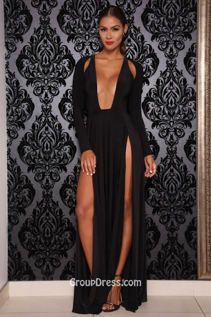 Sexy Slit Black Floor Length A-line Prom Dress with Long Sleeves and Keyhole