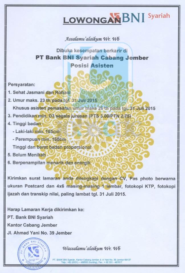 PT Bank BNI Syariah - D3 Fresh Graduate Assistant Program 