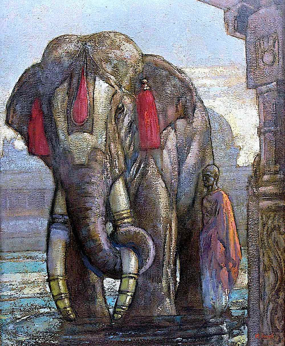 a Paul Jouve illustration of a man with an elephant