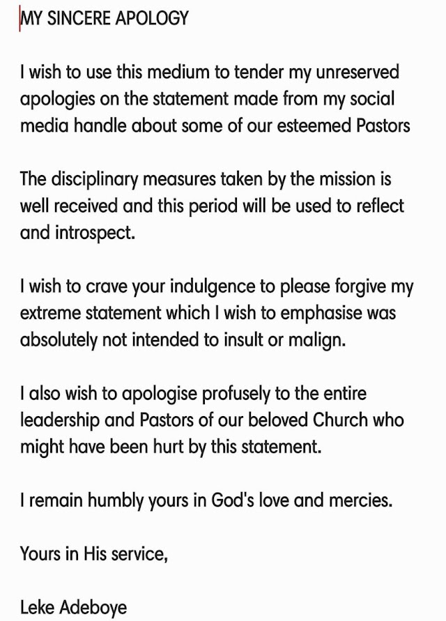 Adeboye's Son Apologises to RCCG's Pastors