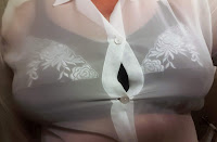 Elila1301 black bra under white sheer shirt.