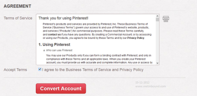 đồng ý với điều khoản dịch vụ và chính sách riêng tư Pinterest