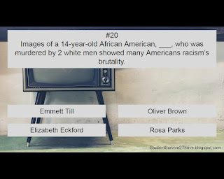 Images of a 14-year-old African American, ___, who was murdered by 2 white men showed many Americans racism’s brutality. Answer choices include: Emmett Till, Oliver Brown, Elizabeth Eckford, Rosa Parks