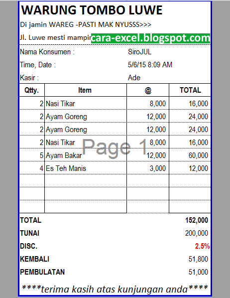 Cara Membuat Nota Pada Excel ~ Tips Excel