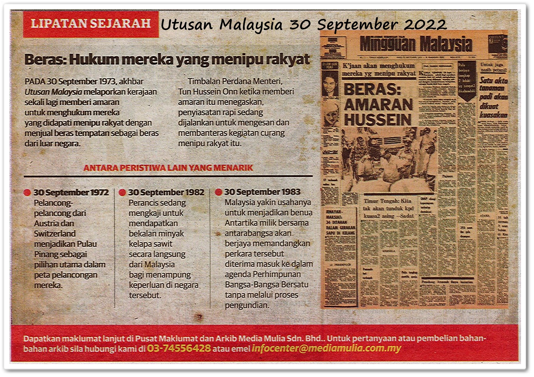 Lipatan sejarah 30 September - Keratan akhbar Utusan Malaysia 30 September 2022