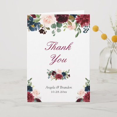  Burgundy Red Blush Blue Floral Thank You Card