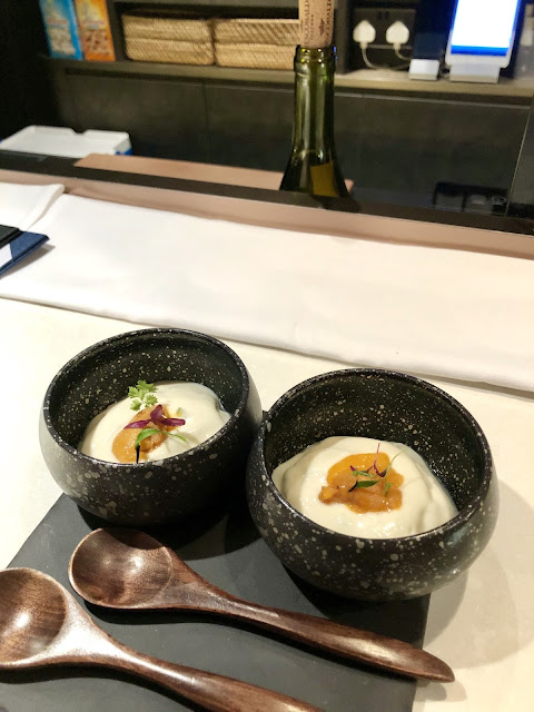 Cauliflower Mousse with wasabi dressing and topped with sea urchin