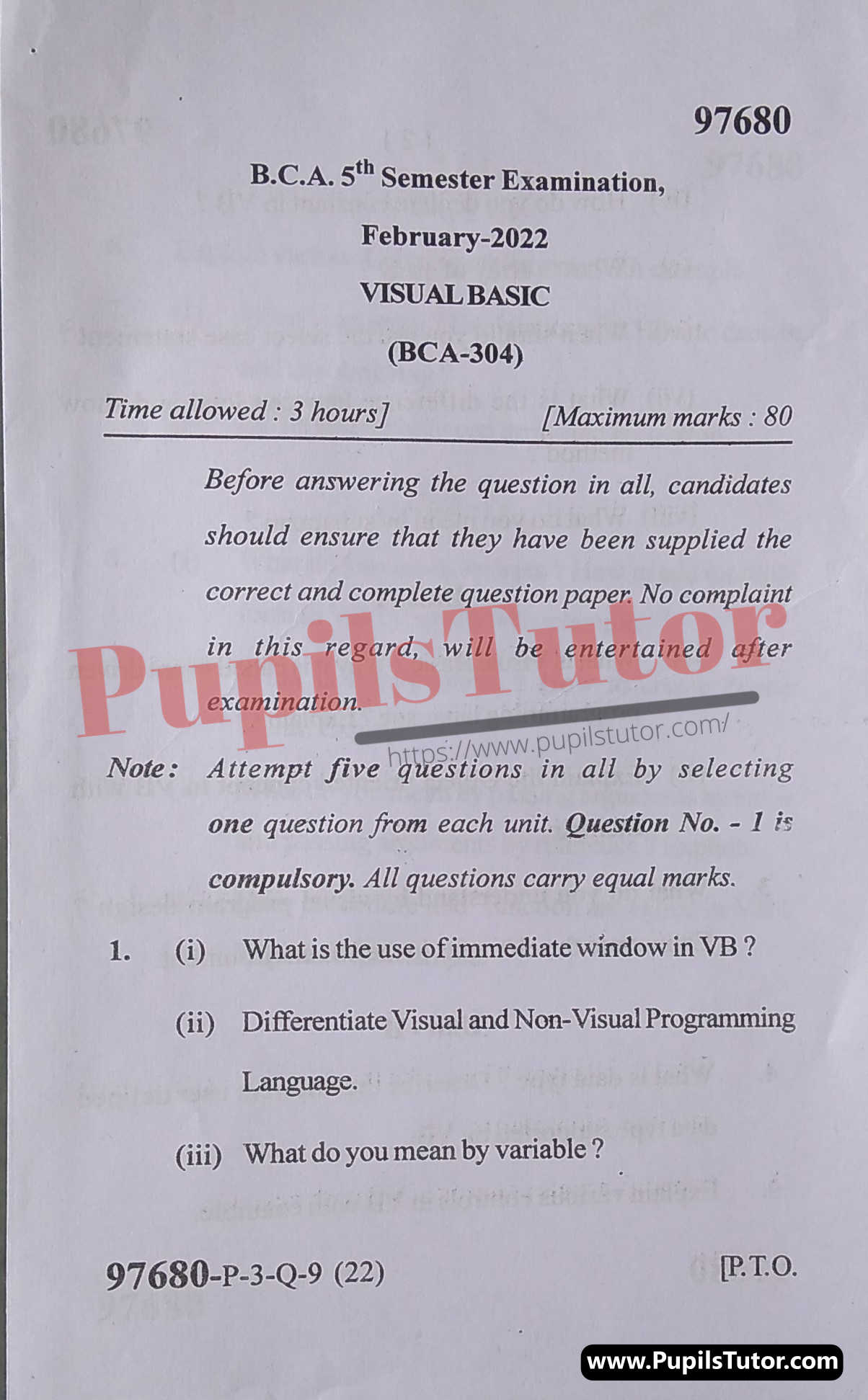 MDU (Maharshi Dayanand University, Rohtak Haryana) BCA Regular Exam 5th Semester Previous Year Visual Basic Question Paper For February, 2022 Exam (Question Paper Page 1) - pupilstutor.com