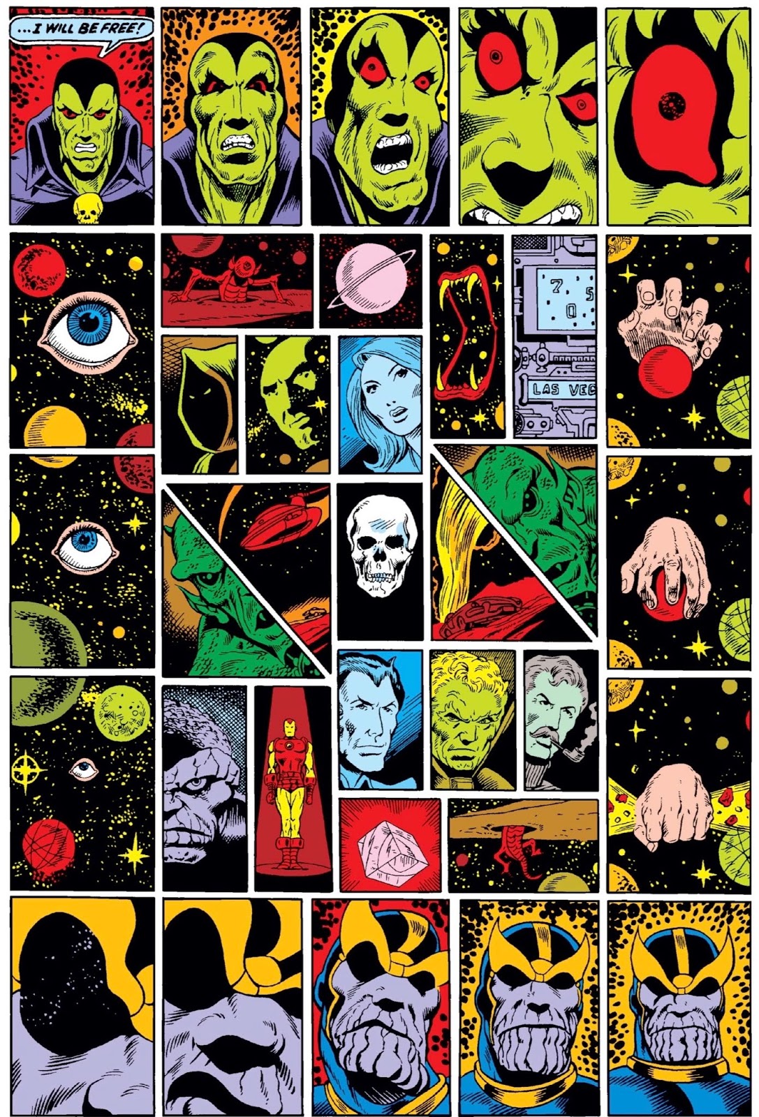 Full page of small panels, Drax’s face growing distorted on top tier and Thanos’ face doing opposite on bottom, in-between full of bizarre objects like disembodied eye and fanged mouth in cosmic landscape
