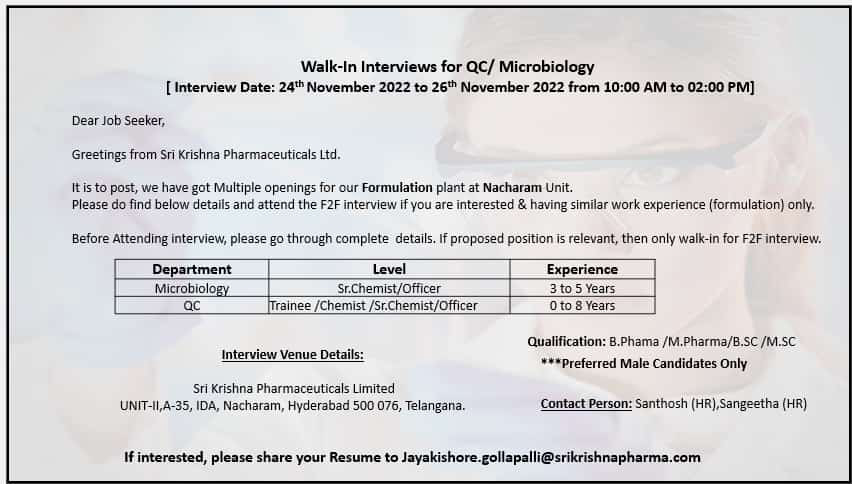 Job Availables, Sri Krishna Pharmaceuticals Ltd Walk-In Interview for QC/ Microbiology Department