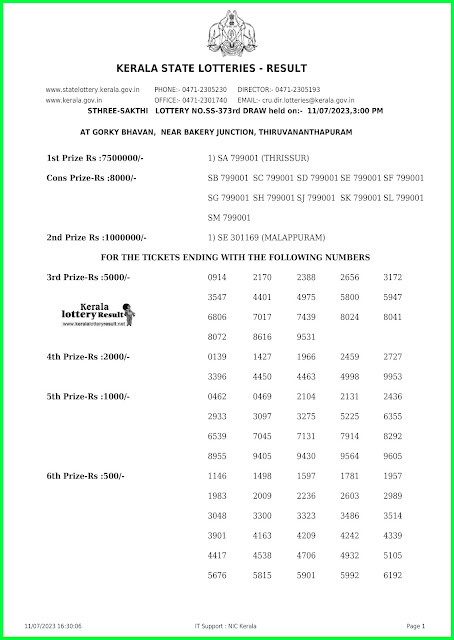 Off. Kerala Lottery Result; 11.07.23 Sthree Sakthi Lottery Results Today " SS-373"