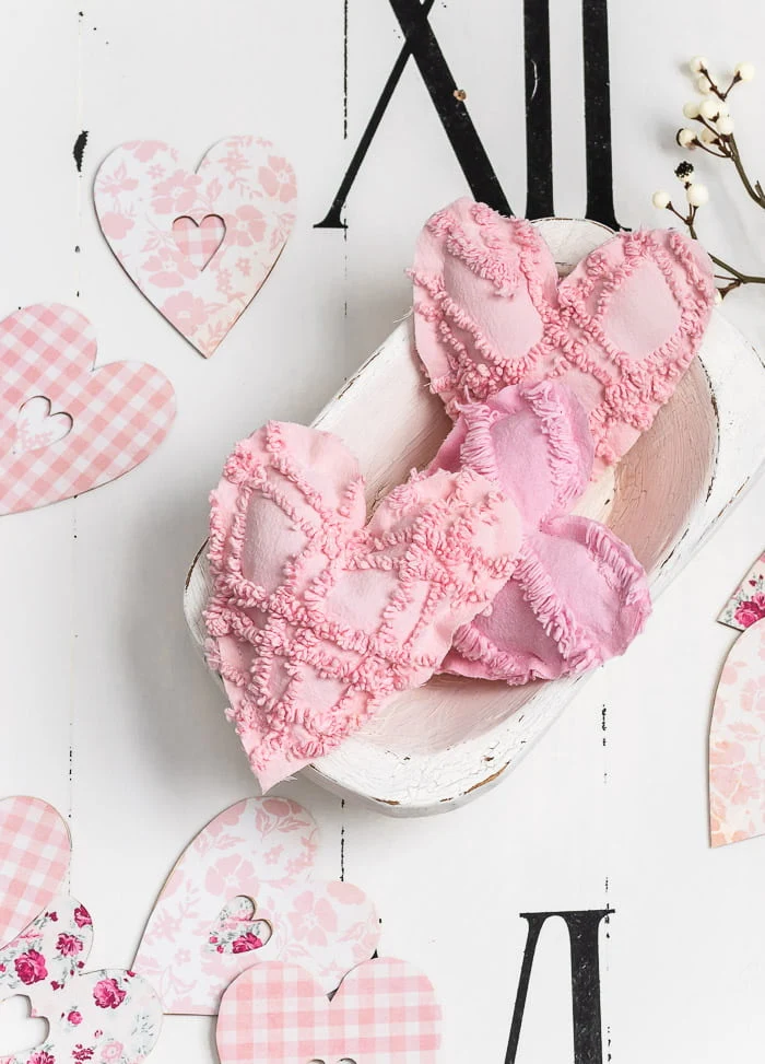 pink vintage chenille hearts in white dough bowl