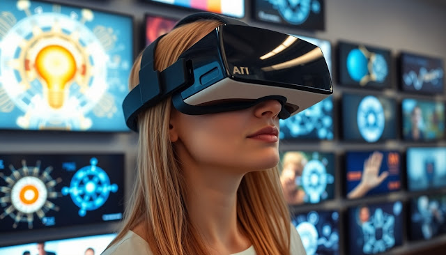 Woman with VR headset in front of multiple TVs.
