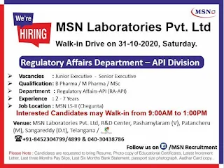 B Pharma / M Pharma / MSc Jobs Vacancy Direct Walk In Interview in MSN Laboratories Pvt. Ltd For Position Junior Executive & Senior Executive