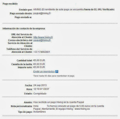 Tercer comprobante de pago de Hiving de setiembre de 2013