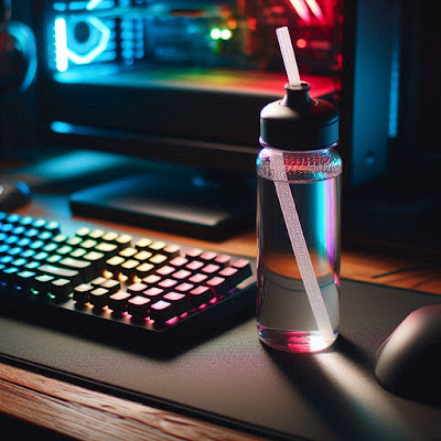 Water bottle on a gaming desk.