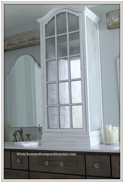 Master Bathroom Makeover-Reveal-DIY-Faux Antique Mirror Effect-Chalk Paint-Cottage Style- French Farmhouse-French Country-Counter cabinet-From My Front Porch To Yours