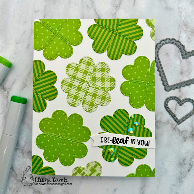 I be-leaf in you by Claire features Heart Frames, A7 Frames & Banners, Newton's Hanging Basket, A Cat's Life, Spring Blooms, and Meowy Christmas by Newton's Nook Designs; #inkypaws, #newtonsnook, #stpatricksdaycards, #cardmaking, #cardchallenge