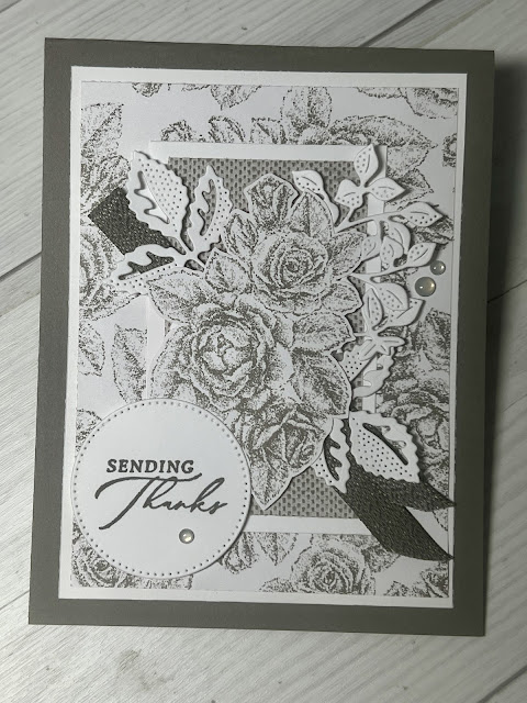 Roses-themed greeting card using Stampin' Up! Stippled Roses Stamp Set and Dies