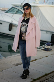 oversized pink coat, river island pink coat, gucci pink bag, owl sweater, fashion and cookies, fashion blogger
