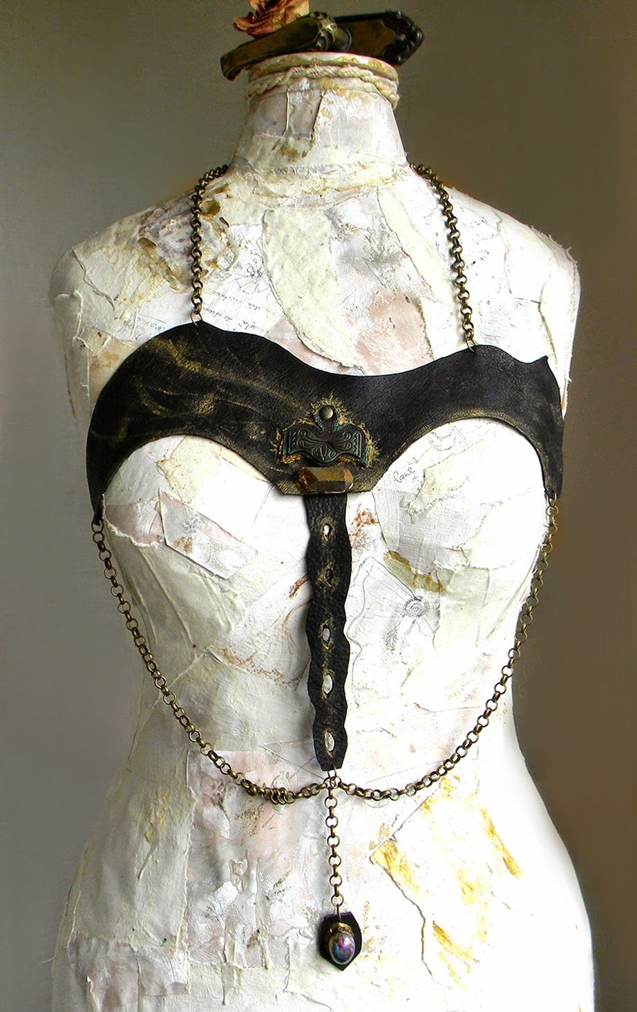 Sexy Leather Harness Statement Body Jewelry with Bronze Chains and Natural Crystal Quartz Applique