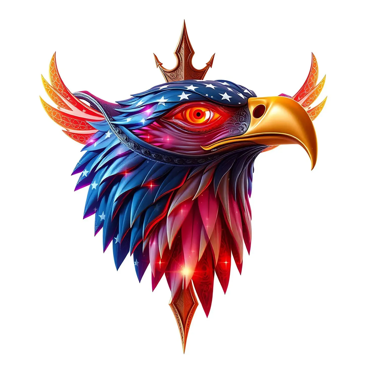 Regal American eagle head graphic facing right, with a crown, blue head with stars, red and white feathers, golden beak, glowing red eyes, and a glowing spike element below