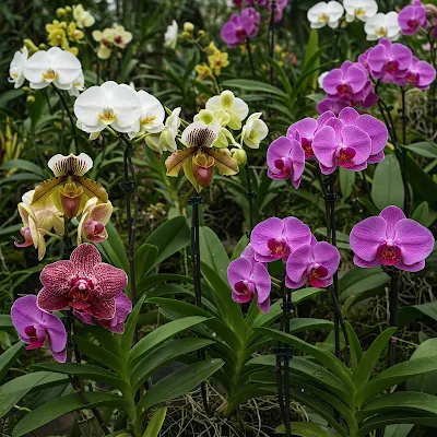 Orquídeas Phalaenopsis florescidas em um vaso decorativo.