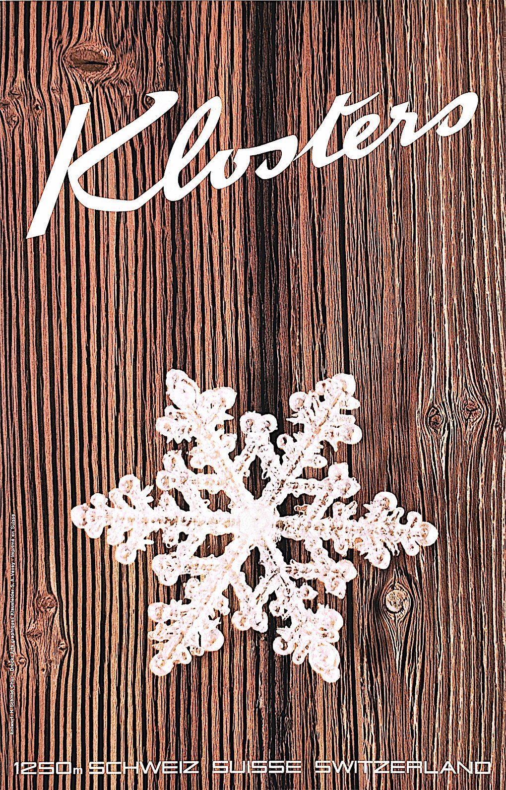 a Hans Schmid 1965 advertising poster for Klosters, with illustrated wood grain
