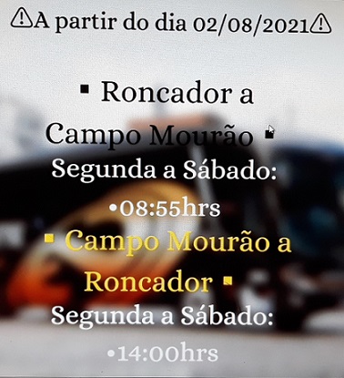 Novo Horário na linha de Campo Mourão à Roncador na Expresso Nordeste à partir de 2 de agosto