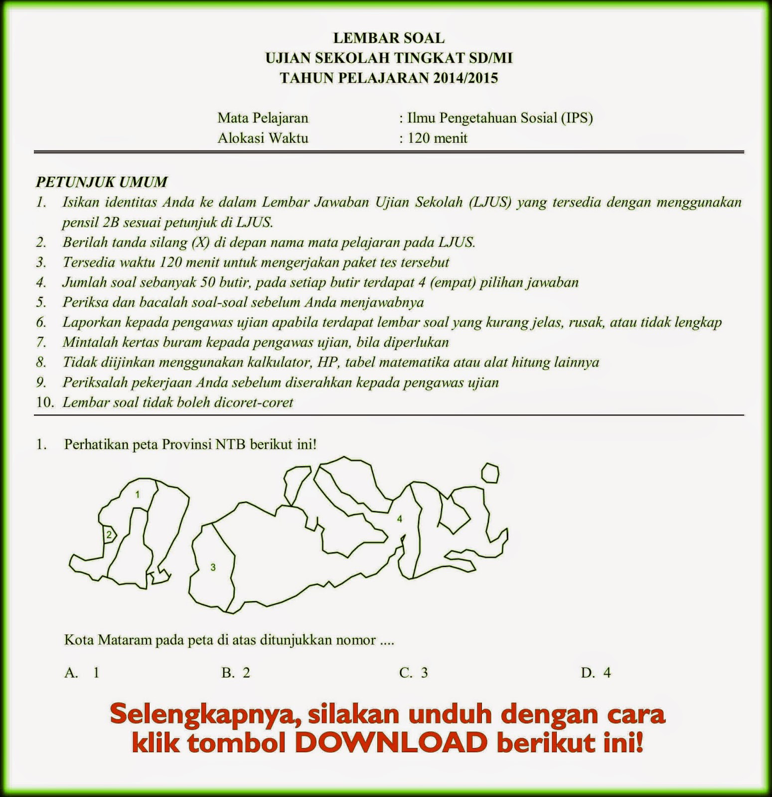 Download Soal Ujian Sekolah US SD IPS 2015