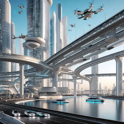 futuristic city over the tropic sea