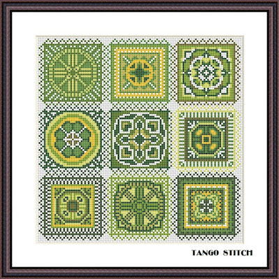 Green granny squares crochet motif cross stitch ornaments embroidery - Tango Stitch