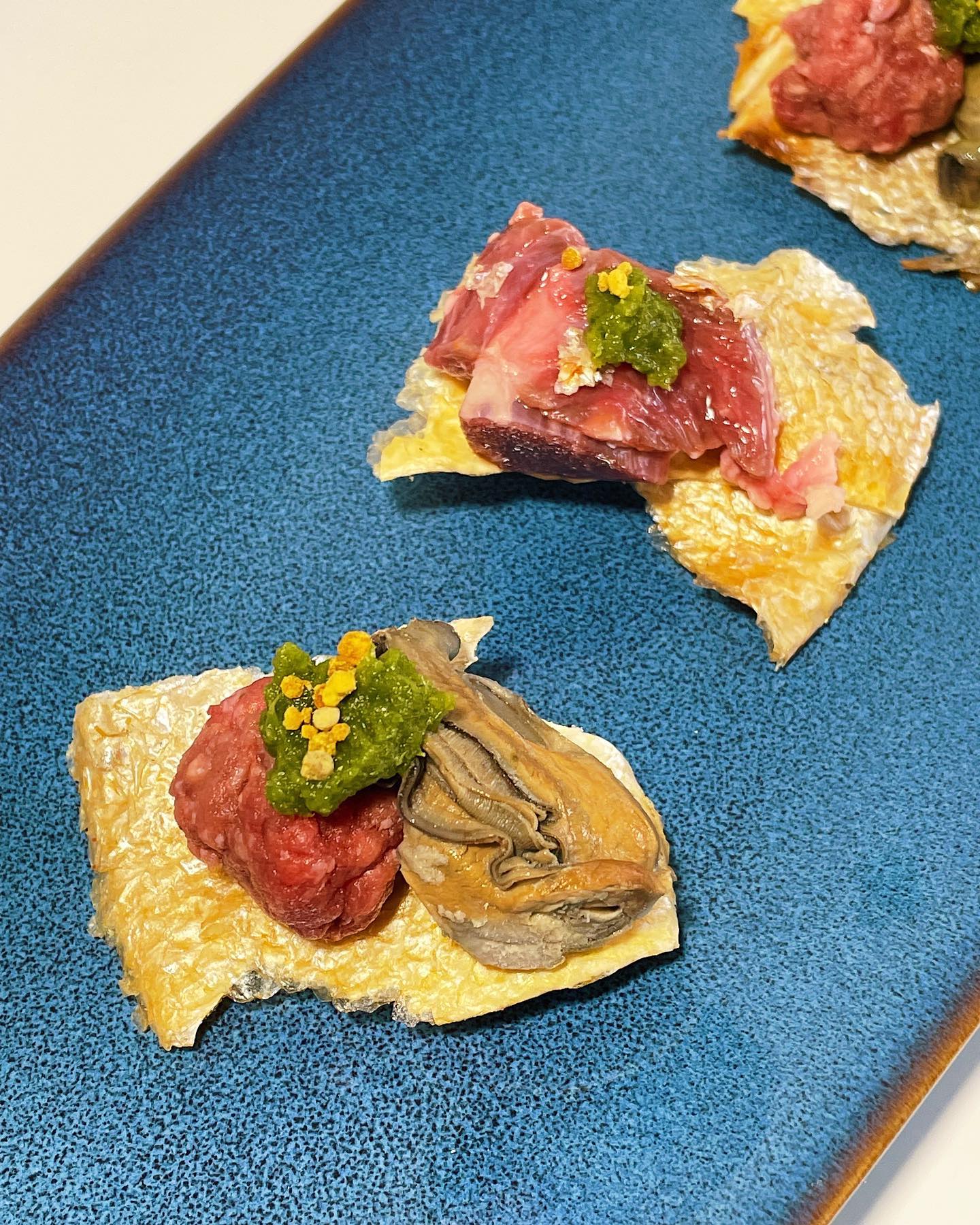 close up photo of steamed oysters, raw ground beef & dehydrated fish skin from raw feeding miami