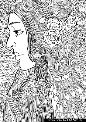 A coloring page of a lady with decorated hair / Värityskuva naisesta, jolla on koristeltu tukka