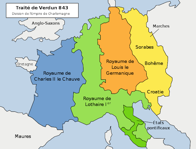 mapa da divisão do imperio carolingeo entre os três filhos de Luís I