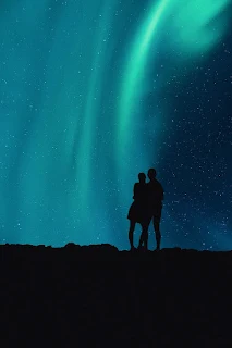 Silhouettes of a man and a woman stand side-by-side, gazing at a starry night sky. (Shards of Honor by Lois McMaster Bujold)