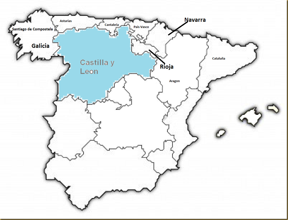 Mapa Espanha P&B - Castilla y Leon Map Caminho Santiago Compostela Frances