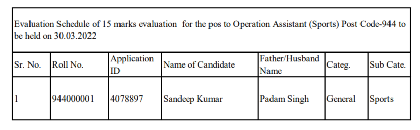 HPSSC Operation Assistant (Sports) Post Code-944 Evaluation Schedule 2022