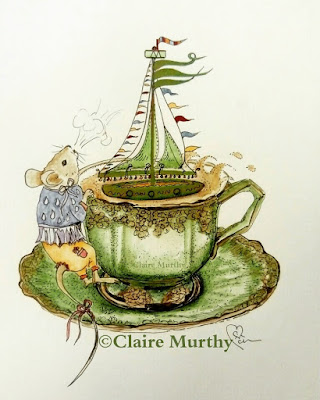 watercolour wildlife art mouse and teacup