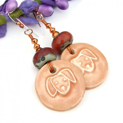 artisan ceramic dog face jewelry with lampwork beads